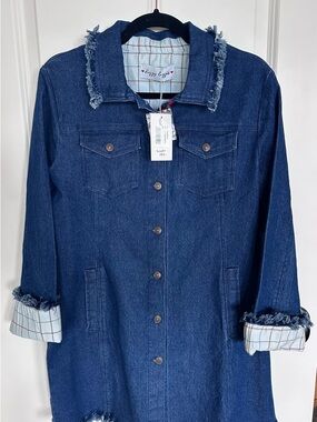 Frayed Collar Dark Blue Denim Dress- Cozy